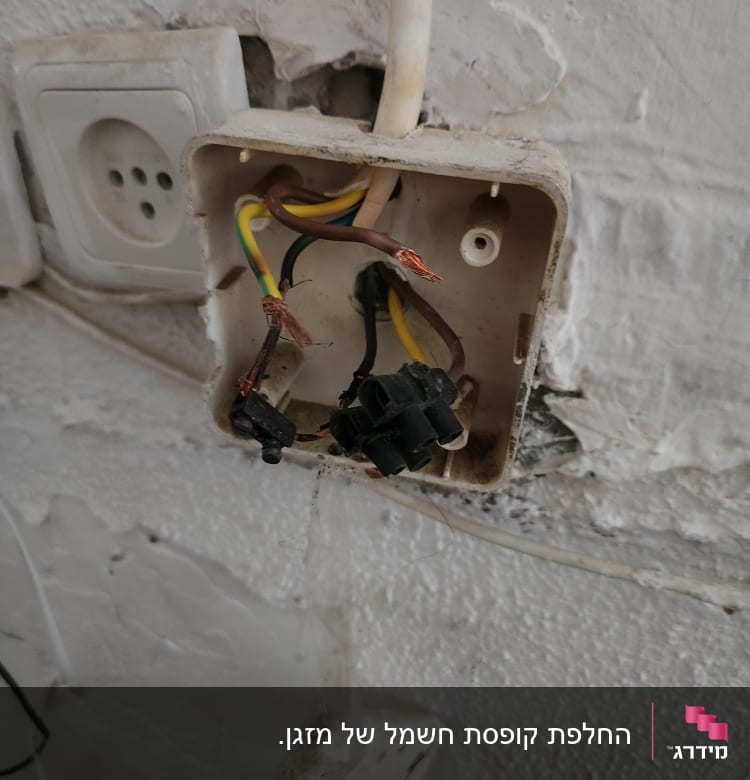 חוטי חשמל חשופים בקופסת חיבורים על קיר